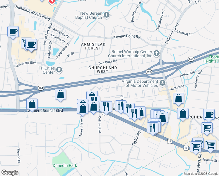 map of restaurants, bars, coffee shops, grocery stores, and more near 6979 Kenny Lane in Portsmouth