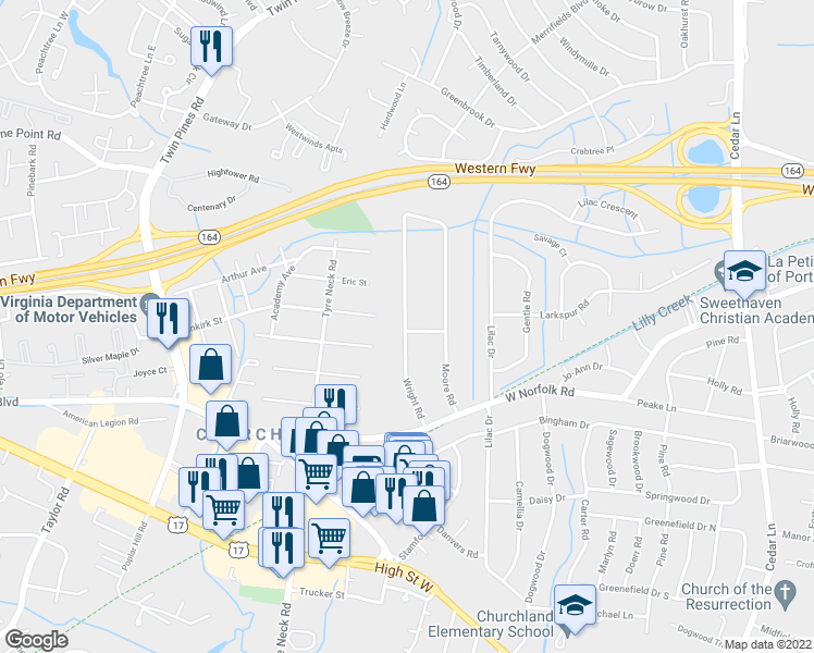 map of restaurants, bars, coffee shops, grocery stores, and more near 5608 Capelle Road in Portsmouth