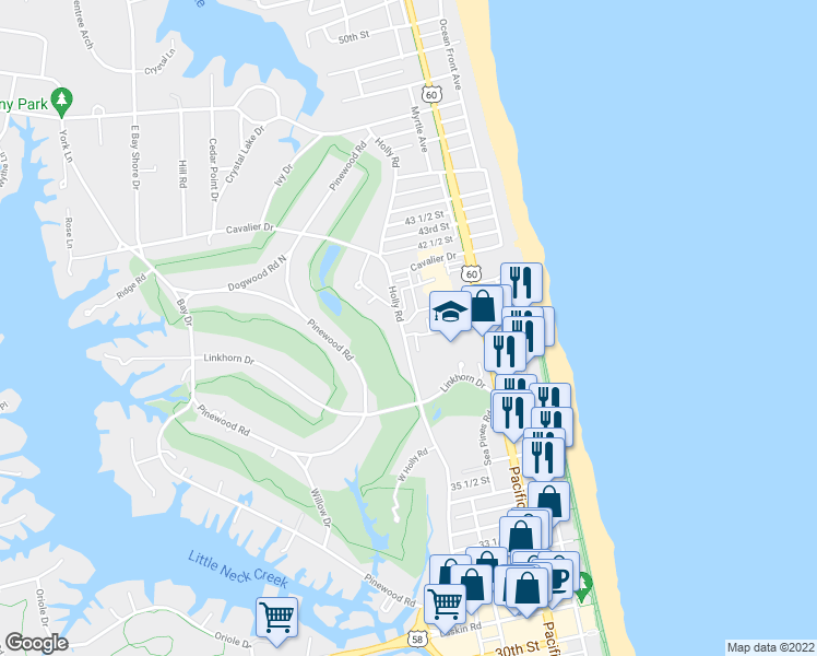 map of restaurants, bars, coffee shops, grocery stores, and more near 284 Ocean Hills Road in Virginia Beach