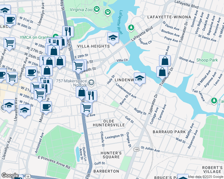 map of restaurants, bars, coffee shops, grocery stores, and more near 860 Rugby Street in Norfolk