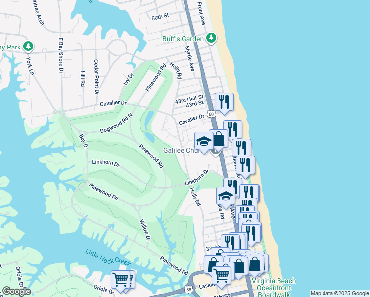 map of restaurants, bars, coffee shops, grocery stores, and more near 284 Ocean Hills Road in Virginia Beach