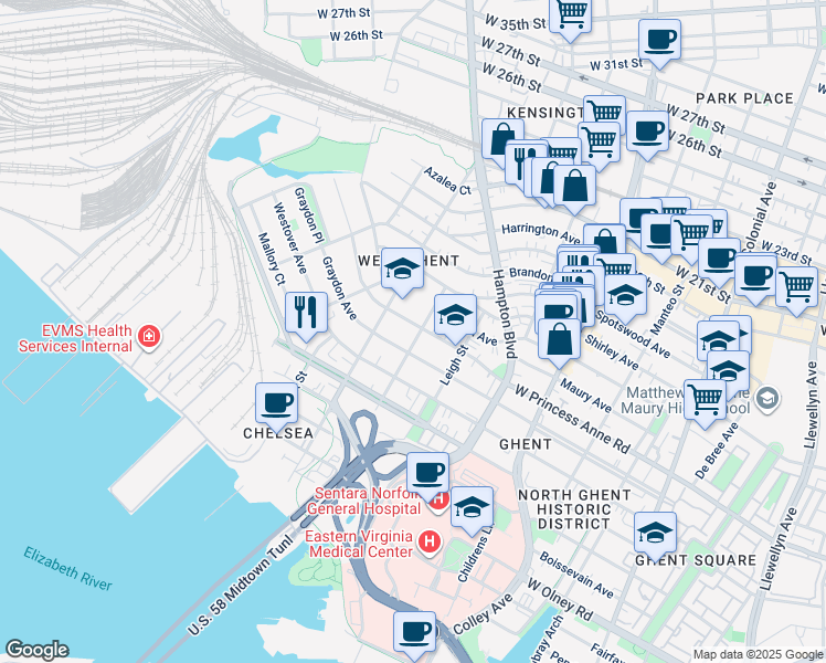 map of restaurants, bars, coffee shops, grocery stores, and more near 1119 Matoaka Street in Norfolk