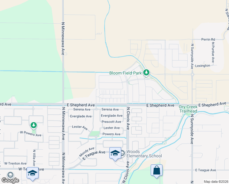 map of restaurants, bars, coffee shops, grocery stores, and more near 4292 East Shepherd Avenue in Clovis
