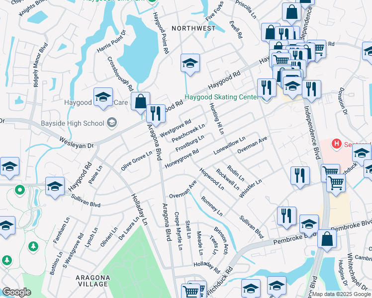 map of restaurants, bars, coffee shops, grocery stores, and more near 4856 Frostburg Lane in Virginia Beach