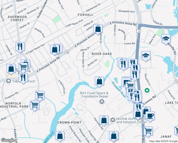 map of restaurants, bars, coffee shops, grocery stores, and more near 1313 Gabriel Drive in Norfolk