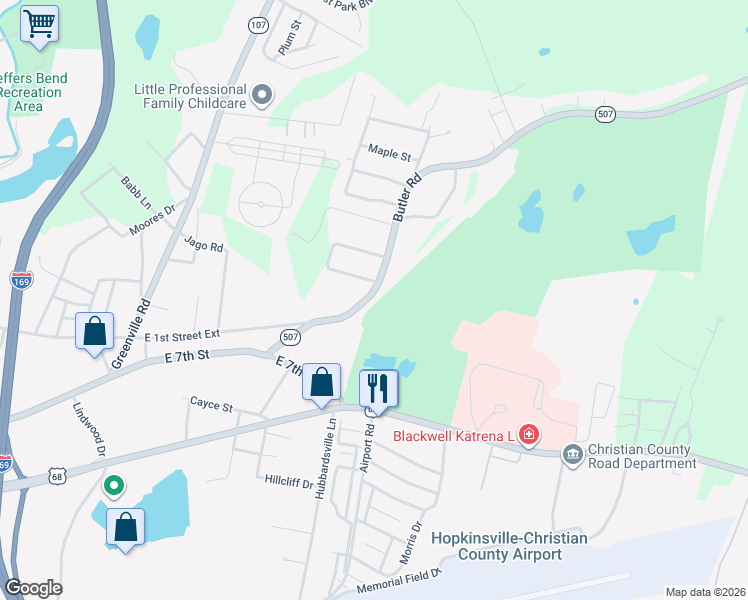 map of restaurants, bars, coffee shops, grocery stores, and more near 2201 Butler Road in Hopkinsville