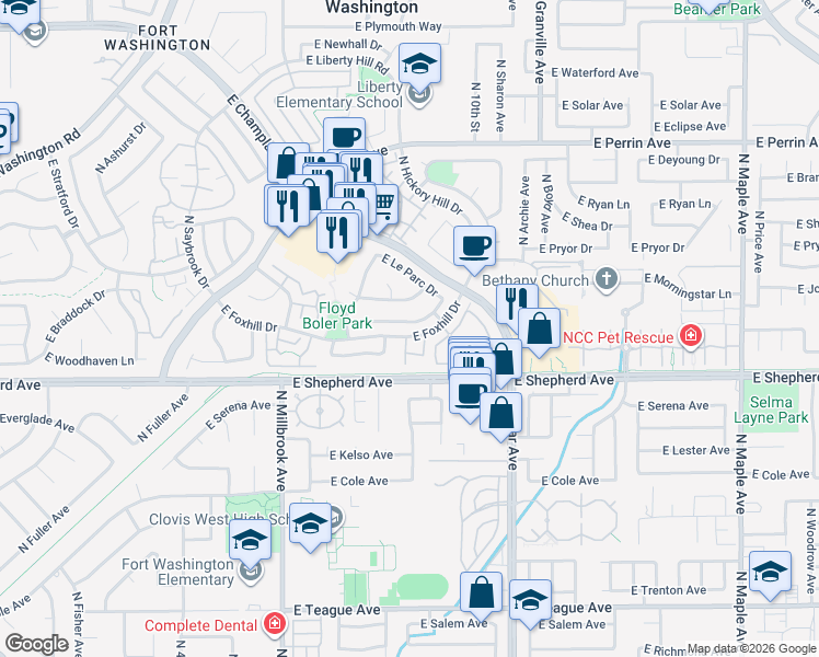 map of restaurants, bars, coffee shops, grocery stores, and more near 1273 East La France Drive in Fresno