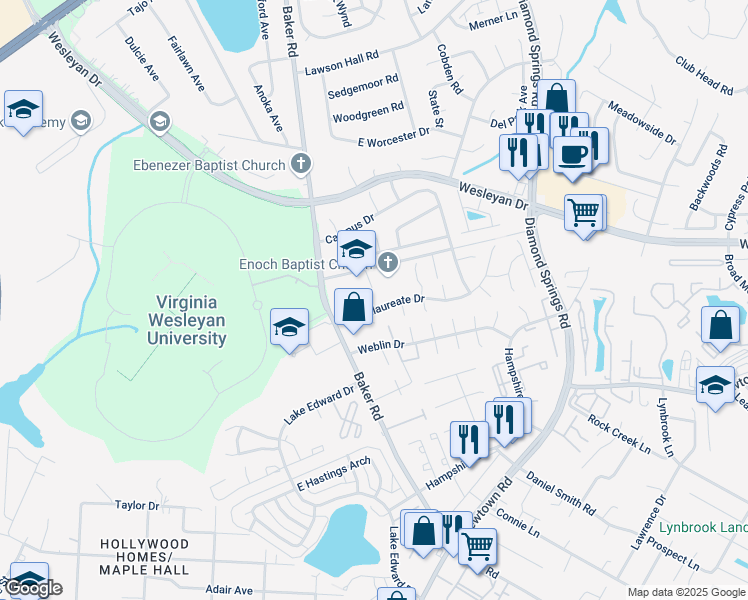 map of restaurants, bars, coffee shops, grocery stores, and more near 5677 Herbert Moore Road in Virginia Beach