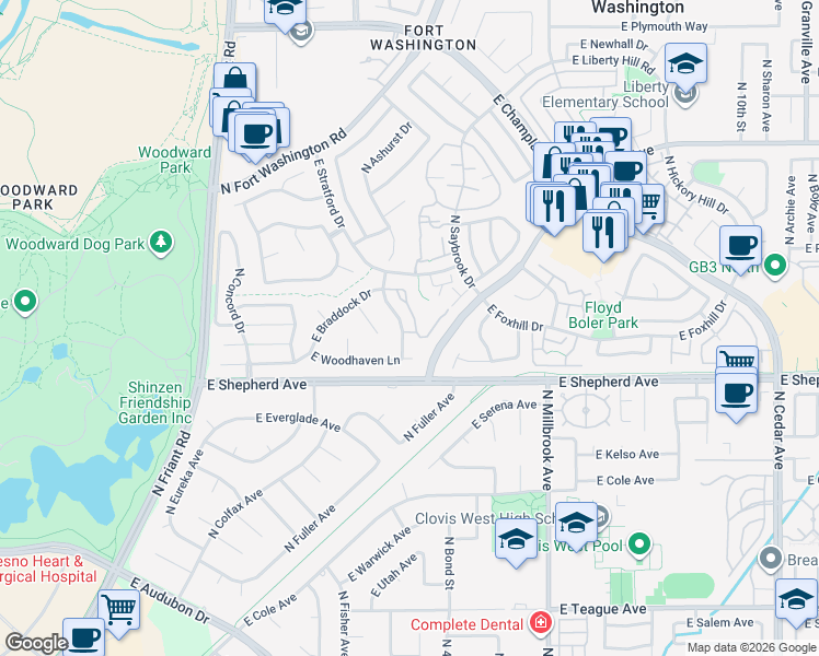 map of restaurants, bars, coffee shops, grocery stores, and more near 9136 North Woodlawn Drive in Fresno