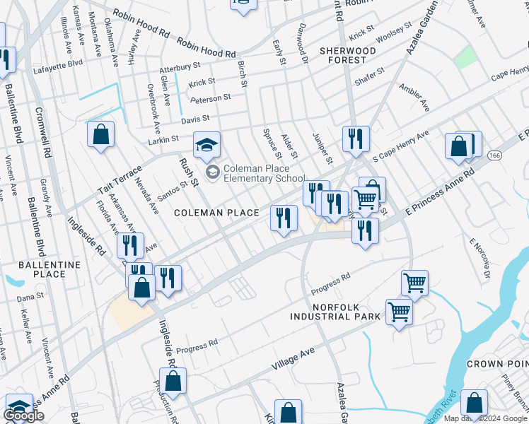 map of restaurants, bars, coffee shops, grocery stores, and more near 3907 Cape Henry Avenue in Norfolk