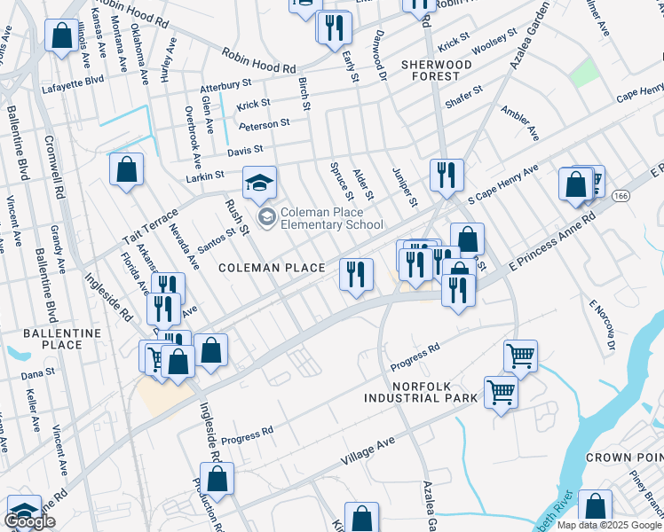 map of restaurants, bars, coffee shops, grocery stores, and more near 3907 Cape Henry Avenue in Norfolk
