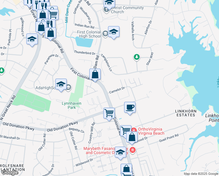 map of restaurants, bars, coffee shops, grocery stores, and more near 1148 First Colonial Road in Virginia Beach