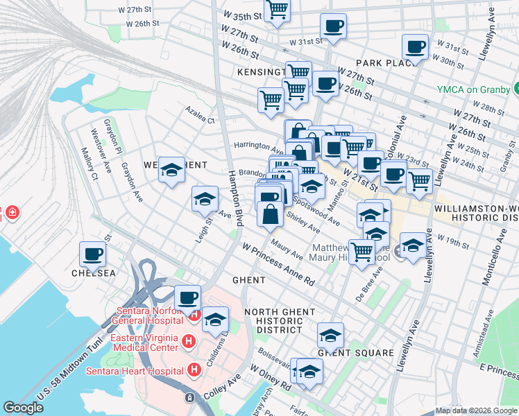 map of restaurants, bars, coffee shops, grocery stores, and more near 828 Shirley Avenue in Norfolk