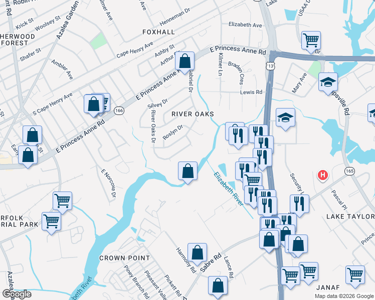 map of restaurants, bars, coffee shops, grocery stores, and more near 5385 Hummel Drive in Norfolk