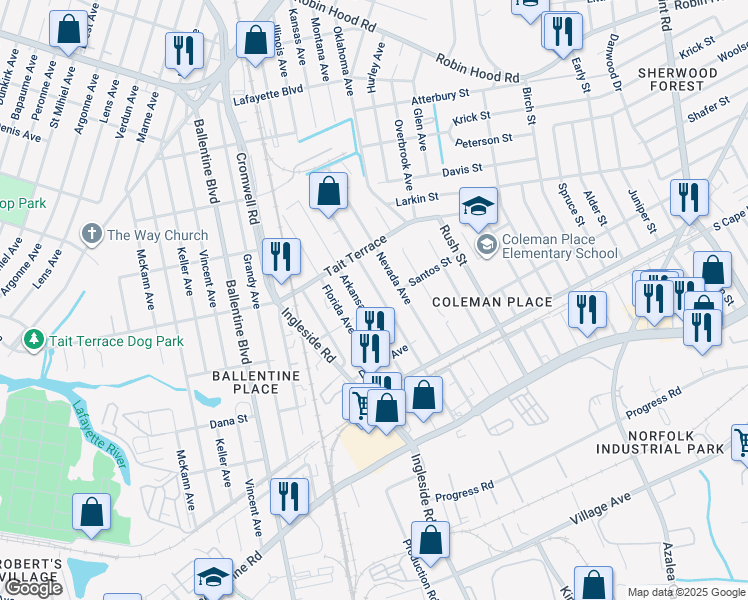 map of restaurants, bars, coffee shops, grocery stores, and more near 2501 Nevada Avenue in Norfolk