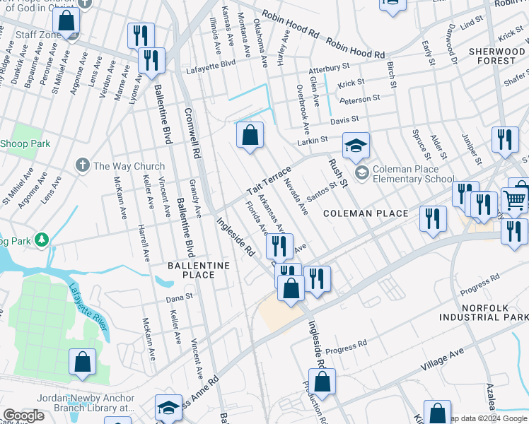 map of restaurants, bars, coffee shops, grocery stores, and more near 2518 Arkansas Avenue in Norfolk