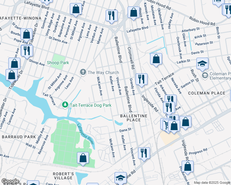 map of restaurants, bars, coffee shops, grocery stores, and more near 2631 Keller Avenue in Norfolk