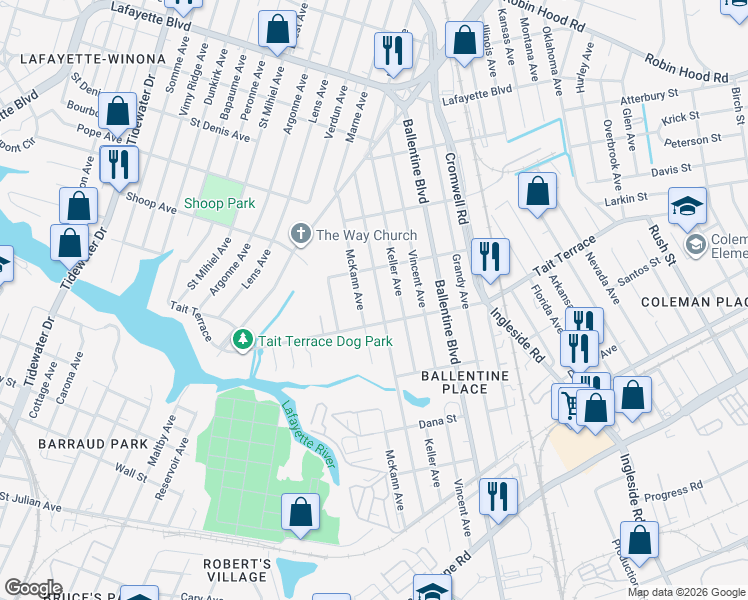 map of restaurants, bars, coffee shops, grocery stores, and more near 2631 Keller Avenue in Norfolk