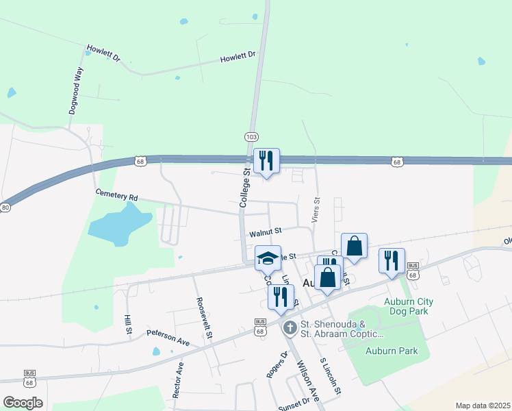 map of restaurants, bars, coffee shops, grocery stores, and more near 426 North College Street in Auburn