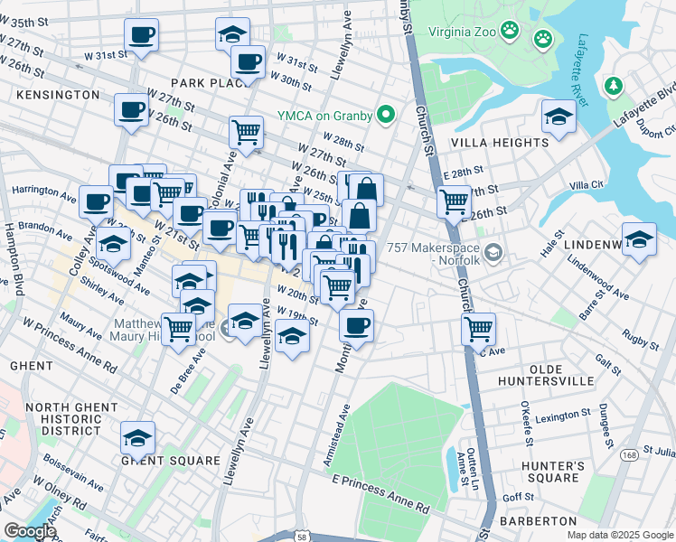 map of restaurants, bars, coffee shops, grocery stores, and more near 100-198 West 22nd Street in Norfolk