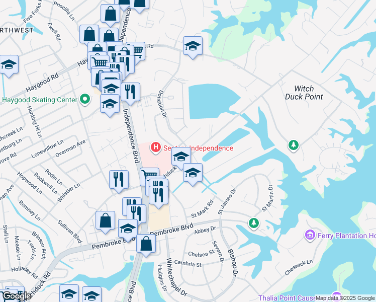 map of restaurants, bars, coffee shops, grocery stores, and more near 4448 North Witchduck Road in Virginia Beach