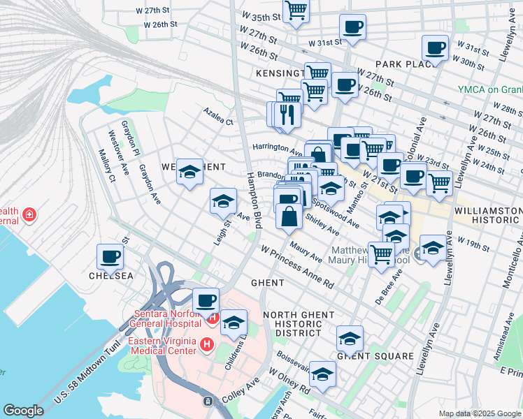 map of restaurants, bars, coffee shops, grocery stores, and more near 1406 Hampton Boulevard in Norfolk
