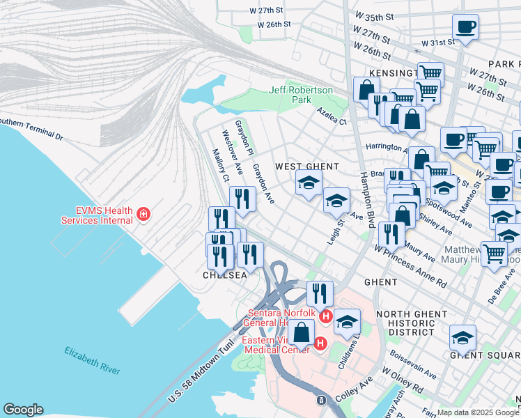 map of restaurants, bars, coffee shops, grocery stores, and more near 1240 Westover Avenue in Norfolk