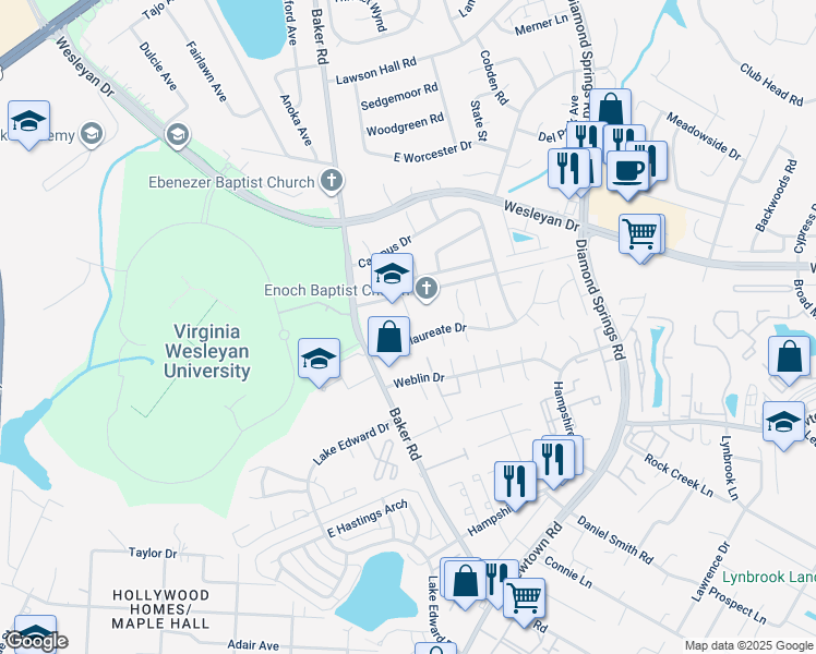 map of restaurants, bars, coffee shops, grocery stores, and more near 810 Fraternity Court in Virginia Beach