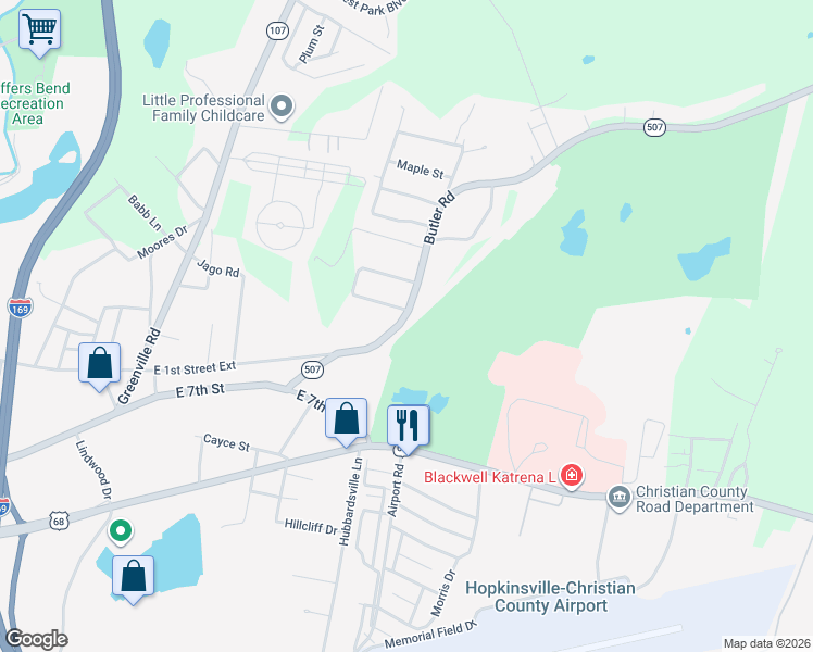 map of restaurants, bars, coffee shops, grocery stores, and more near 2201 Butler Road in Hopkinsville