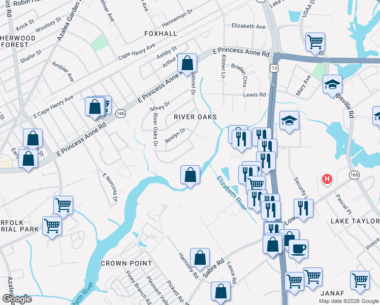 map of restaurants, bars, coffee shops, grocery stores, and more near 5385 Hummel Drive in Norfolk