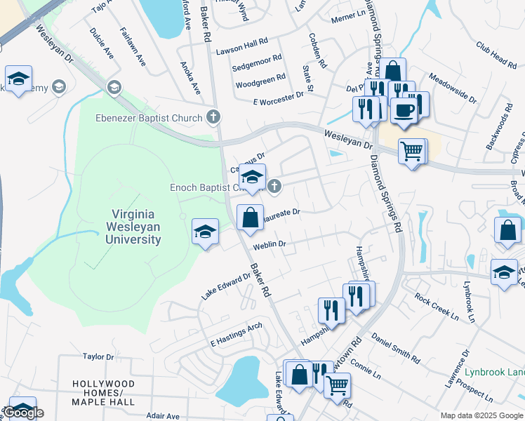 map of restaurants, bars, coffee shops, grocery stores, and more near 810 Fraternity Court in Virginia Beach