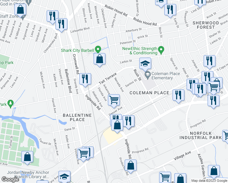 map of restaurants, bars, coffee shops, grocery stores, and more near 2503 Wyoming Avenue in Norfolk