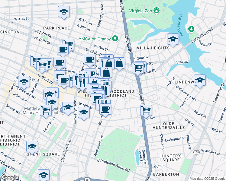 map of restaurants, bars, coffee shops, grocery stores, and more near 200 East 22nd Street in Norfolk