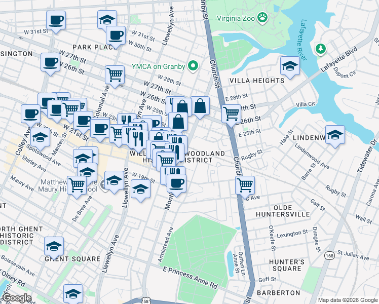map of restaurants, bars, coffee shops, grocery stores, and more near 200 East 22nd Street in Norfolk