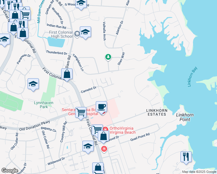 map of restaurants, bars, coffee shops, grocery stores, and more near 1703 Honorary Court in Virginia Beach