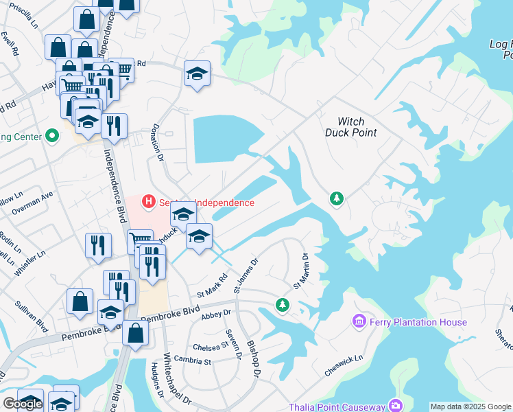 map of restaurants, bars, coffee shops, grocery stores, and more near 4320 Alfriends Trail in Virginia Beach