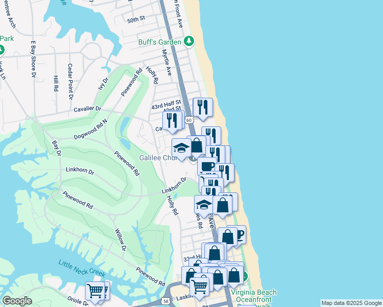 map of restaurants, bars, coffee shops, grocery stores, and more near Glen Miller Street in Virginia Beach