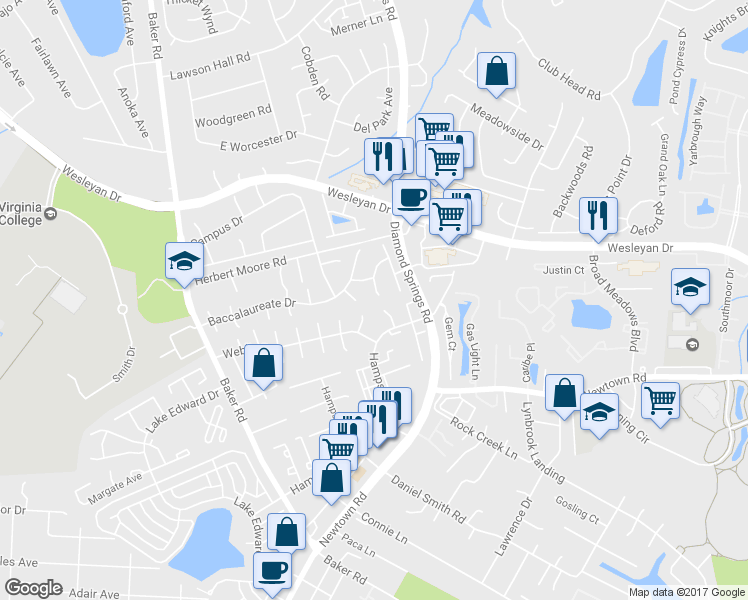 map of restaurants, bars, coffee shops, grocery stores, and more near 5454 Scholarship Drive in Virginia Beach