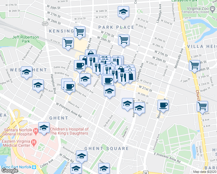 map of restaurants, bars, coffee shops, grocery stores, and more near 511 West 20th Street in Norfolk