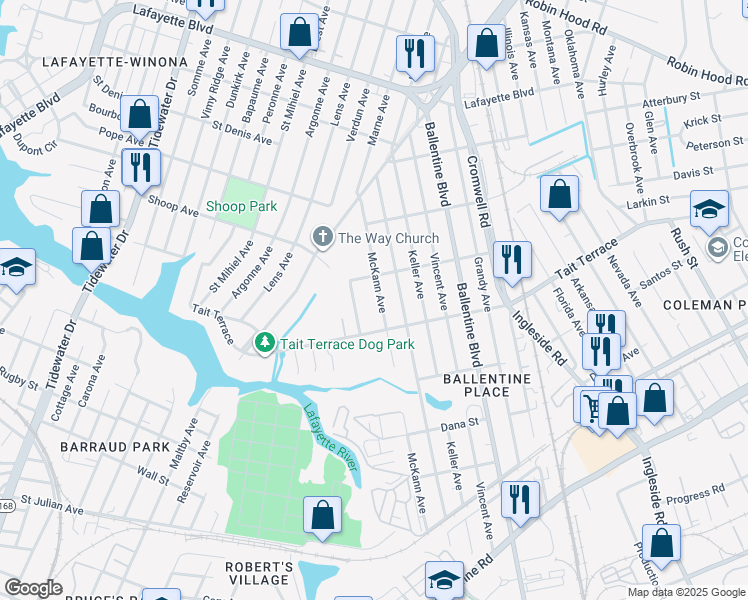 map of restaurants, bars, coffee shops, grocery stores, and more near 2635 McKann Avenue in Norfolk