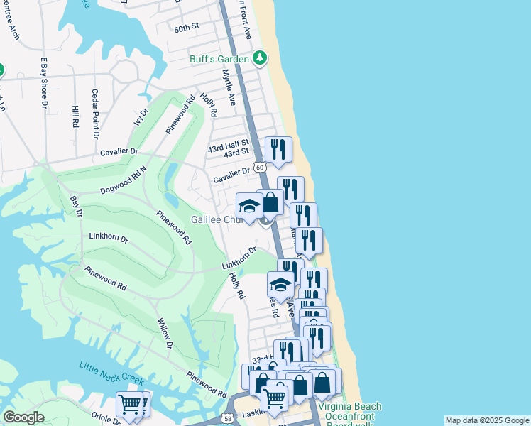 map of restaurants, bars, coffee shops, grocery stores, and more near 205 Glenn Miller Street in Virginia Beach