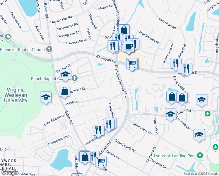 map of restaurants, bars, coffee shops, grocery stores, and more near 5454 Scholarship Drive in Virginia Beach