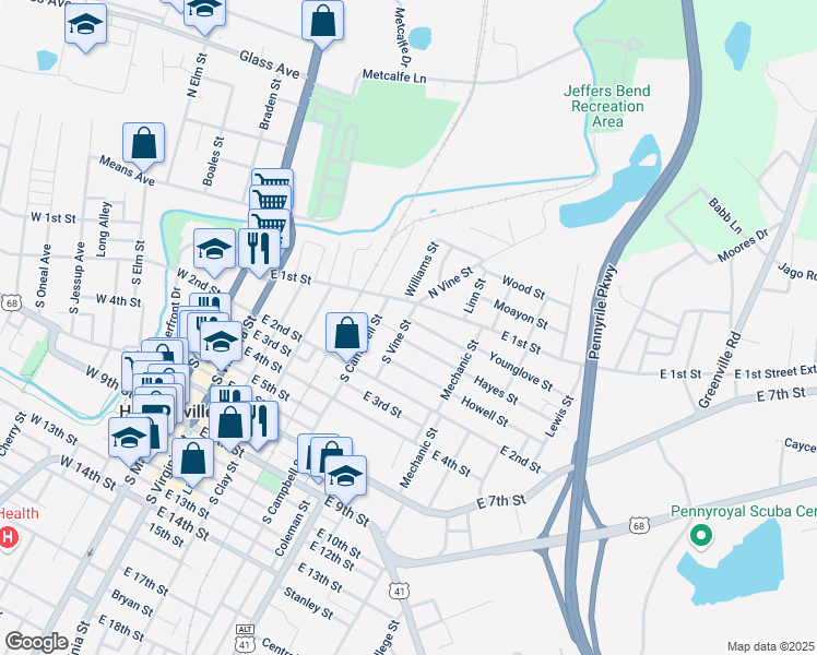 map of restaurants, bars, coffee shops, grocery stores, and more near 124 South Vine Street in Hopkinsville