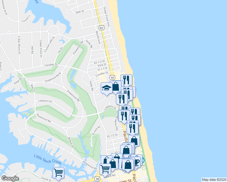 map of restaurants, bars, coffee shops, grocery stores, and more near 205 Glenn Miller Street in Virginia Beach