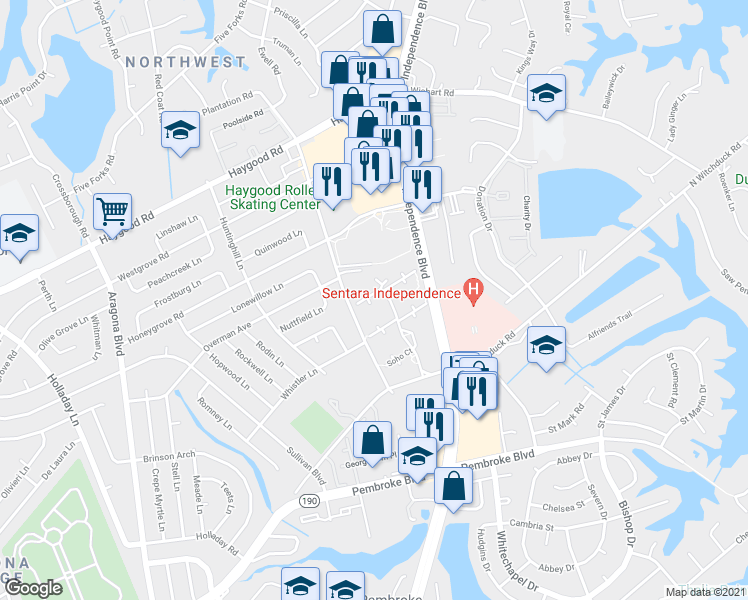 map of restaurants, bars, coffee shops, grocery stores, and more near 4615 Savoy Court in Virginia Beach