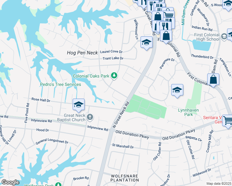 map of restaurants, bars, coffee shops, grocery stores, and more near 1239 Meadow Lake Road in Virginia Beach