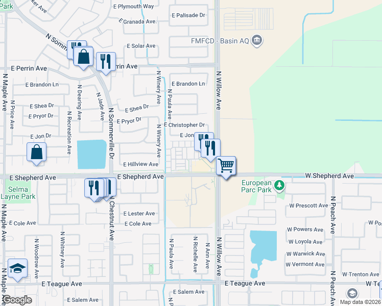 map of restaurants, bars, coffee shops, grocery stores, and more near 2919 East Jon Drive in Fresno