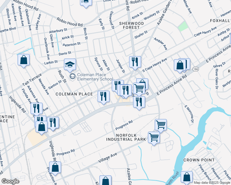 map of restaurants, bars, coffee shops, grocery stores, and more near 1551 Alder Street in Norfolk