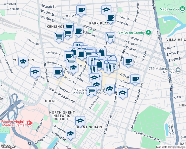 map of restaurants, bars, coffee shops, grocery stores, and more near 517 West 20th Street in Norfolk