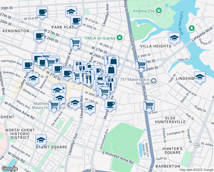 map of restaurants, bars, coffee shops, grocery stores, and more near 100 West 22nd Street in Norfolk